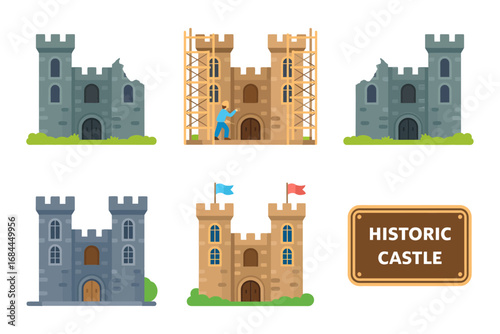 Medieval castle vector icons, fortress illustration set, historic landmark towers, ancient stronghold architecture, cultural heritage stone fortress designs