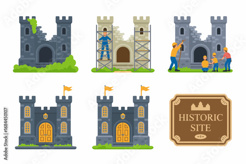 Castle architecture illustration set, medieval fortress icons, ancient landmark towers, cultural heritage preservation, historic defense stronghold design graphics