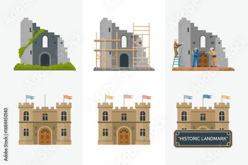 Ancient fortress vector icons, medieval castle towers, heritage landmark illustrations, historic architecture stronghold, cultural preservation elements, stone fortress design