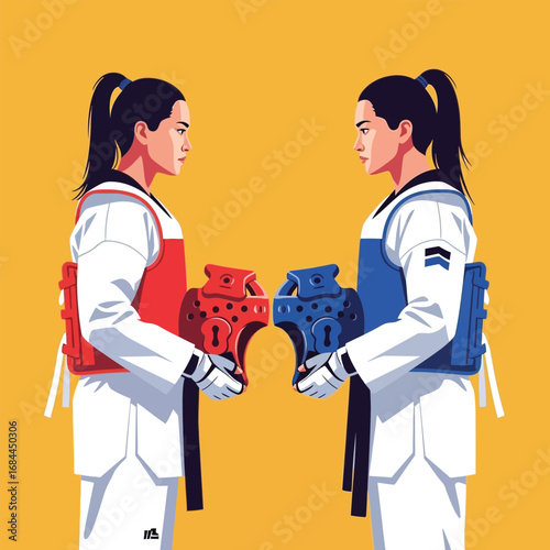Two female taekwondo athletes facing each other, holding protective headgear, representing competition and sportsmanship.
