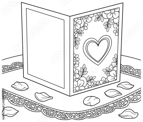 Greeting card decorated with floral patterns and heart design placed on a laced cloth with flower petals line art vector illustration designed for adult coloring pages and creative projects