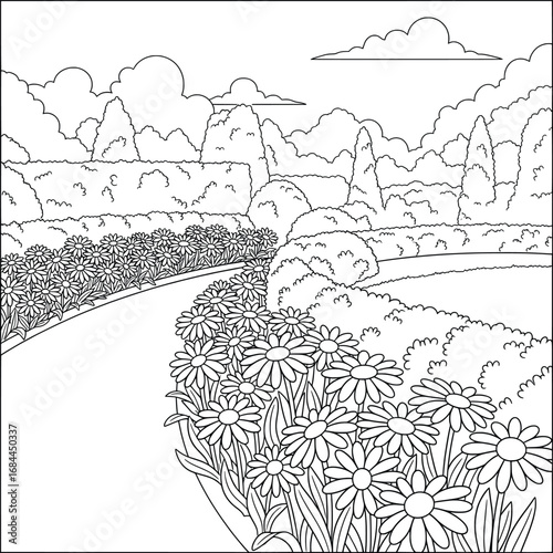 Daisy garden blooming along a winding pathway surrounded by trimmed hedges and trees line art vector illustration designed for adult coloring pages and peaceful creative outdoor landscape projects