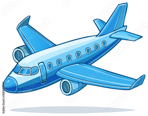 Cartoon Blue Airplane Soaring, Commercial Jet Liner in the Sky