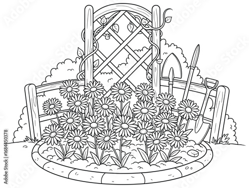 Daisy flowers blooming in a circular garden bed with wooden trellis and gardening tools line art vector illustration designed for adult coloring pages and relaxing creative outdoor projects
