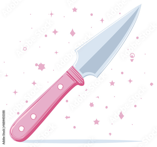 Cute pink kitchen knife with a sharp blade surrounded by sparkles in a kawaii anime style