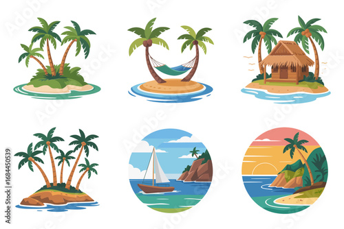 Summer vacation tropical icons, seaside palm tree huts, island paradise illustrations, beach holiday sunset view, exotic resort design,