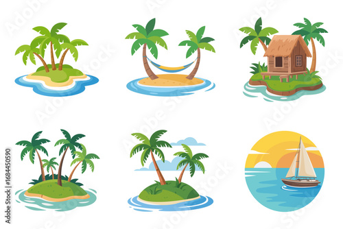 Ocean tropical island illustrations, palm tree icons, exotic huts, summer holiday graphics, paradise beach resort vector design set,