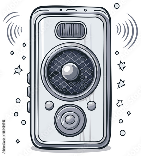 Hand drawn cartoon illustration of a portable sound speaker playing loud music