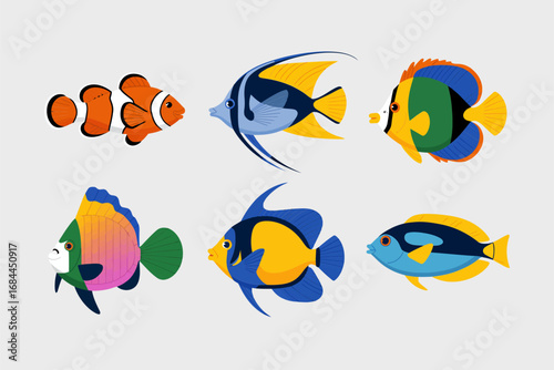 Colorful fish vector illustrations, tropical aquarium species icons, exotic marine life set, underwater sea animals, ocean wildlife graphics,