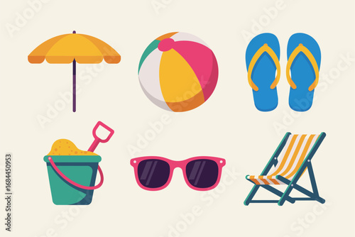 Tropical summer vacation icons, beach umbrella, flip flops, sunglasses, ball, bucket, seaside holiday design, ocean paradise illustrations,