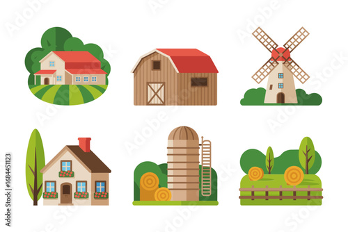 Rural farm building vector icons, barn, mill, silo, countryside house, agricultural landscape illustrations, village living lifestyle graphics,