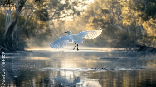 Egrets Flying Over Misty River; Sunrise Wildlife Photography