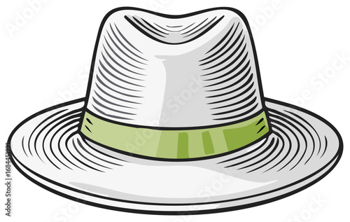 Illustration of a white fedora style hat with green ribbon, vintage summer fashion accessory, elegant graphic