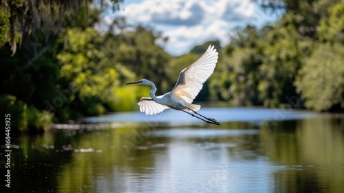 Majestic egret in flight over tranquil river, lush forest background. Use nature, wildlife, travel photography