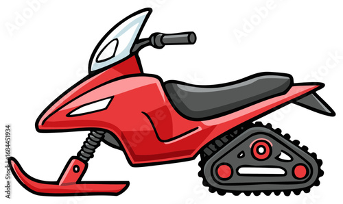 Vibrant Red Cartoon Snowmobile Illustration with Skis and Track for Winter Fun