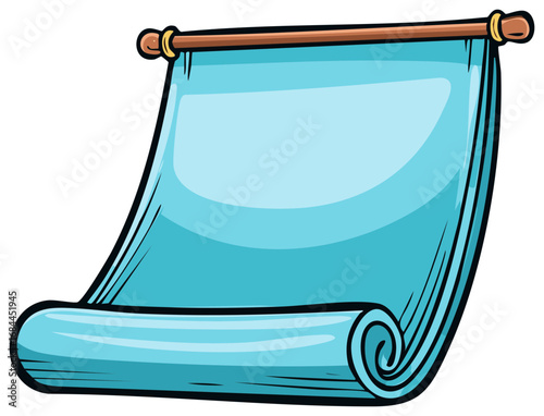 Light Blue Unfurled Scroll with Wooden Rod Displays Fresh Page for Messages or Announcements; Classic Paper Roll