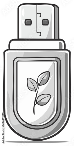 Usb flash drive with leaves. Eco-friendly memory data storage device in cartoon style