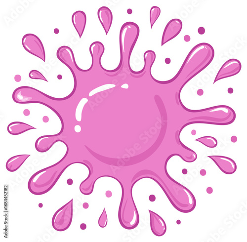 Vibrant pink liquid splash or slime splat with scattered droplets and dots