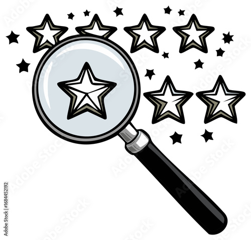 Magnifying glass examining stars symbolizing search, rating, and quality