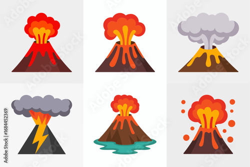 Active volcano eruption vector illustrations, fiery magma blast, destructive natural disaster, smoking mountain graphics, geology and earth science icons