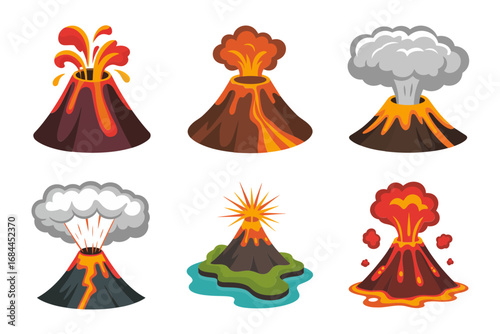 Lava eruption vector illustrations, volcano explosion set, erupting mountain scenes, ash clouds, flowing lava, geology disaster concept graphics