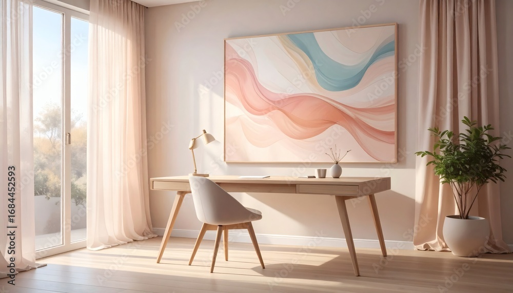 Fototapeta premium Serene Home Office: Modern Desk, Abstract Art, Natural Light, Minimalist Design.