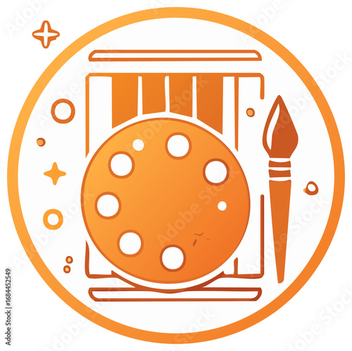 Art Palette and Brush in Round Frame, Creative Icon for Fine Art Projects