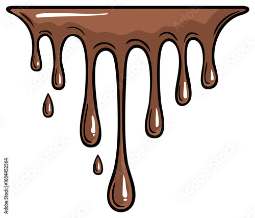 Cartoon illustration of melted brown chocolate sauce dripping down with glossy highlights