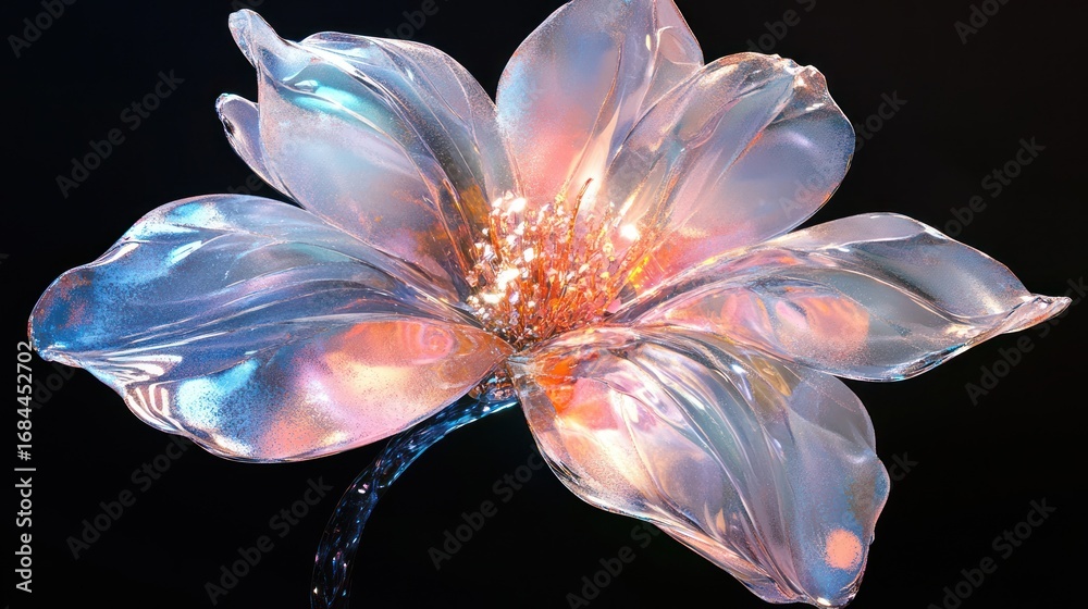 Obraz premium Abstract translucent flower, glowing, on black background. Possible use Stock photo for nature, design, or digital art