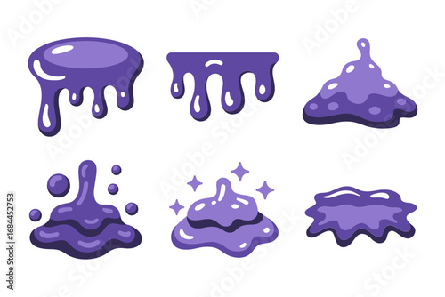 Purple slime vector illustrations, dripping goo elements, sticky liquid graphics, slimy cartoon blobs set, fun playful splatter designs