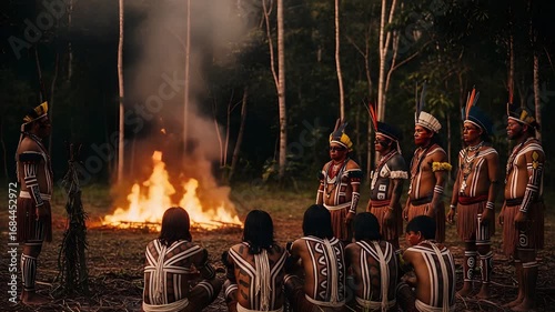 Indigenous Tribal Ceremony at Night Gathered Around a Bonfire in the Forest