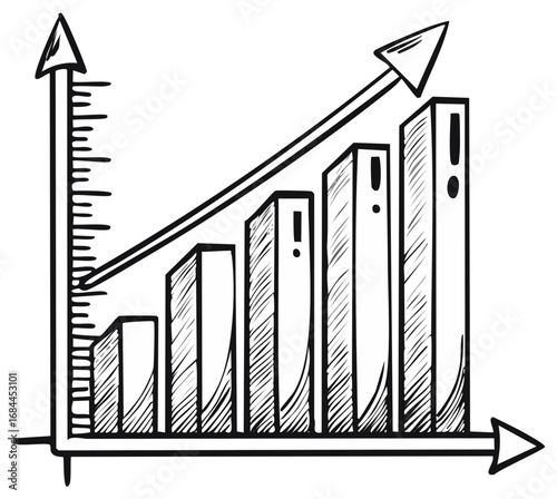 Hand-drawn black and white business chart showing increasing data and financial growth