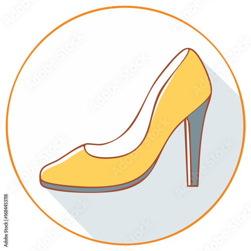 Yellow high heel pump shoe icon with long shadow in a circle illustration. Fashion elegant footwear accessory.