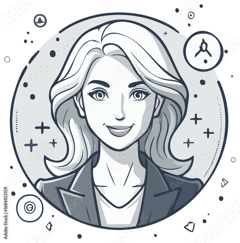 Smiling Woman Portrait with Wavy Hair in Formal Outfit with Space Design for Social Media Icon or Branding
