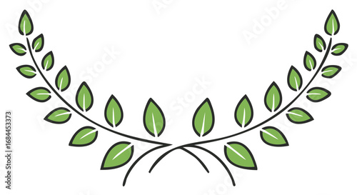 Simple green laurel wreath icon with curved leaf branches for victory or award decoration