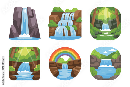 Waterfall landscape vector illustrations, scenic nature backgrounds set, flowing river icons, tropical forest cascade graphics, natural environment design