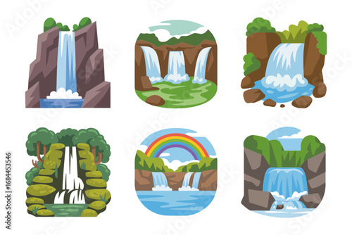Nature waterfall vector illustrations, mountain river icons, flowing water cascade set, tropical landscape graphics, scenic background environment design