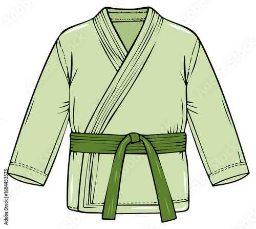 Vector illustration of a green martial arts gi uniform with a tied green belt