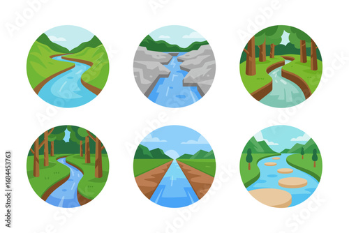 River stream vector illustrations, flowing water backgrounds set, scenic mountain landscape icons, tropical nature graphics, outdoor cascade environment design