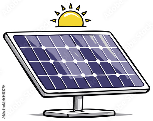 Cartoon solar panel absorbing sunlight for renewable energy generation illustration