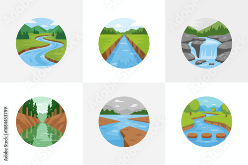 Flowing river vector illustrations, scenic waterfall landscape icons, nature stream backgrounds set, tropical water cascade graphics, outdoor environment design