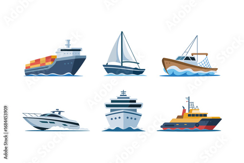 Sailing boat vector illustrations, modern yacht icons, ocean cruise graphics, fishing vessel set, water transport, maritime travel background design