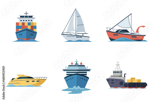 Cargo ship vector illustrations, yacht icons, fishing boat graphics, cruise vessel set, ocean sailing transport, nautical maritime travel background design