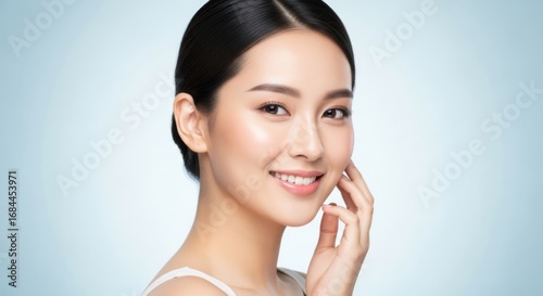 A beautiful asian woman with clear, glowing skin smiles gently, highlighting natural beauty