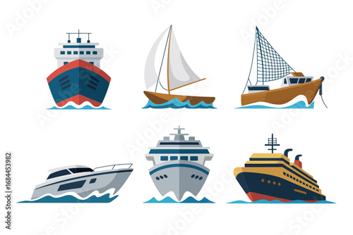 Luxury cruise ship vector illustrations, yacht icons, fishing boat graphics, ocean vessel set, maritime sailing transport, nautical travel background design
