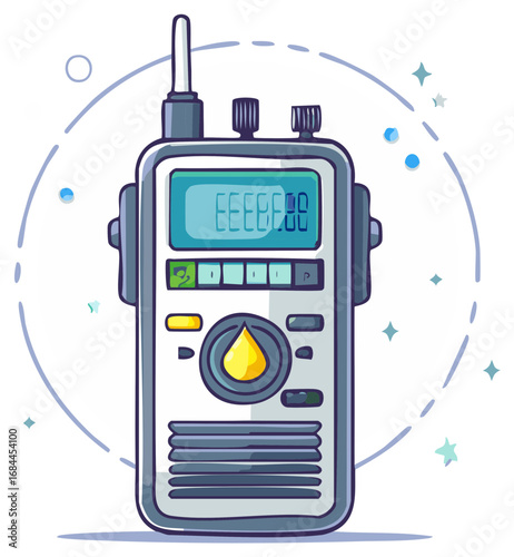 Illustration of a detailed, animated walkie-talkie with antenna and buttons in front of a glowing blue sphere