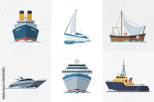 Fishing boat vector illustrations, yacht icons, cruise ship graphics, modern vessel set, maritime transport design, ocean sailing nautical travel background