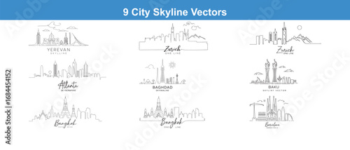 Collection of City Skyline Vectors Featuring Diverse Architecture and Design Styles in Elegant Line Art Illustrations on White Background
