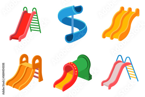 Playground slide icon pack, spiral slide, mini slide, toddlers ramp, colorful park play elements, childrens outdoor activity graphics