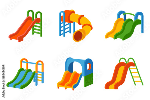 childrens playground equipment illustration set, slides, tunnels, ladders and small climbers, colorful playpark icons, outdoor recreation graphics